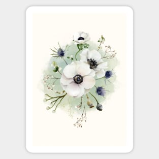 Watercolor botanical vintage Floral minimalist print- White Anemone Flower Sticker